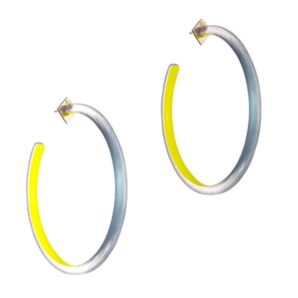 ALEXIS BITTAR • Blue Neon Yellow Hand Carved Lucite Large Skinny Hoop Earrings